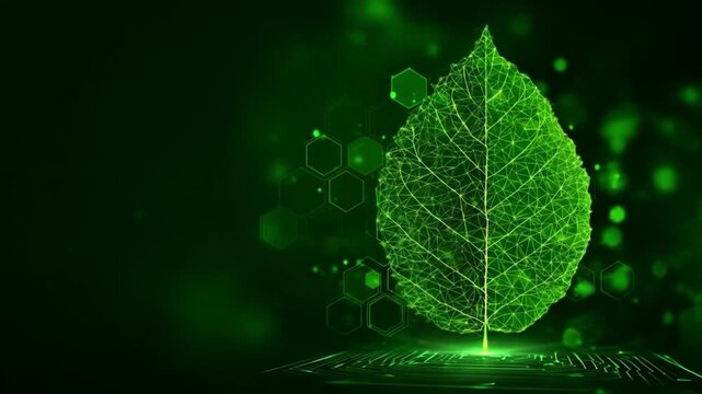 Digital representation of a leaf with hexagonal elements symbolizing technology and nature