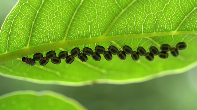 Detailed macro view of insect pupae and a developing larva clinging to the underside of a vibrant green leaf showcasing intricate vein patterns and natures life