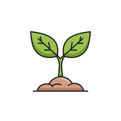 A simple cartoon illustration of a green seedling with two leaves sprouting from the earth.