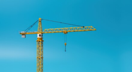 A yellow construction crane stands tall against a vibrant, clear blue sky.
