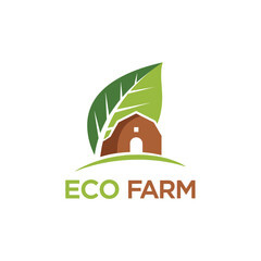 A stylized logo featuring a barn silhouette integrated with a large green leaf, symbolizing an eco-friendly farm.
