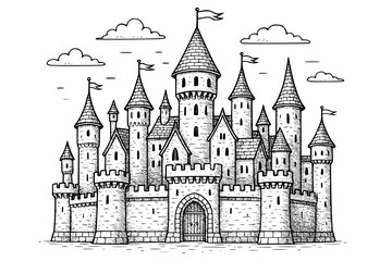 Obraz premium Medieval castle black and white drawing cartoon