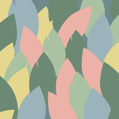 Abstract seamless pattern of overlapping leaf shapes in a muted pastel color palette of green, blue, pink, and yellow.