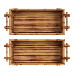 Fototapeta premium A top down view of two empty rectangular bamboo trays with handles isolated against a black background
