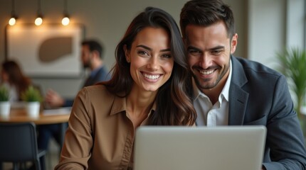 Joyful coworkers collaborating on a laptop, sharing a positive moment of success in a modern office environment