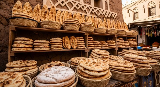 Traditional Yemeni bread stall in historic market