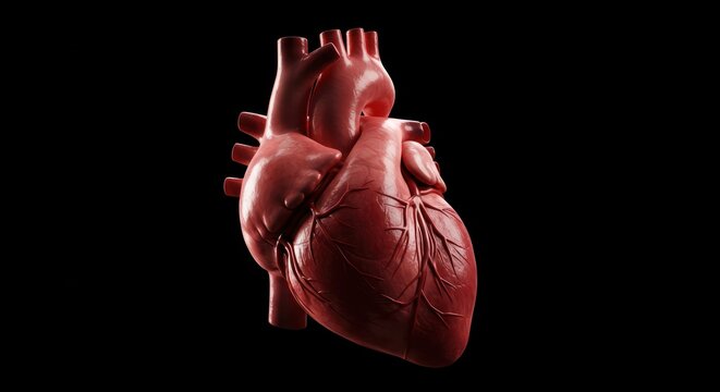 A realistic, detailed anatomical rendering of a human heart against a black background.