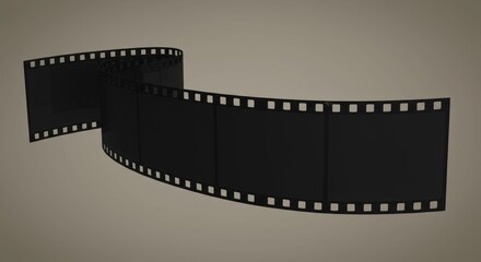 A strip of black film with sprocket holes is curled against a neutral background.