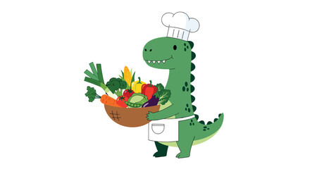Fototapeta premium Chef dinosaur holding a basket of fresh colorful vegetables ready to cook.