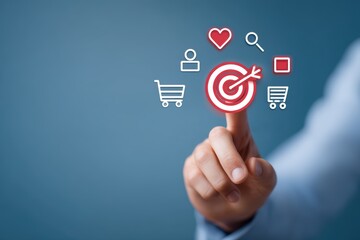 Fototapeta premium marketing strategy content behavior. A hand pointing at digital icons representing marketing and online shopping.