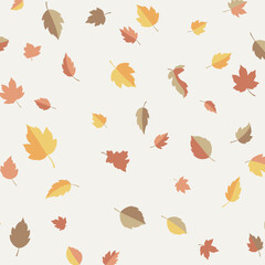 A seamless pattern of falling autumn leaves in various warm colors like orange, yellow, and brown.