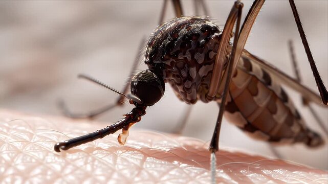 Mosquito Biting Human Skin Close-Up Macro Video Footage Detailed View of Blood Sucker Insect Feeding Piercing Epidermis and Disease Vector Action