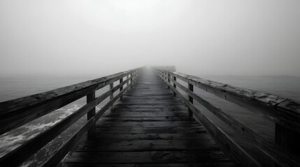 Fototapeta premium A wooden pier stretches into a dense foggy horizon over a calm sea