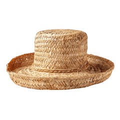 A traditional woven straw hat with a flat top and wide brim is shown in detail against a solid black background