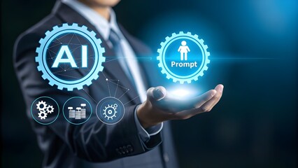 Businessman interacting with AI prompt interface, symbolizing generative artificial intelligence, prompt engineering, content creation by AI, machine learning tools, and digital automation future.