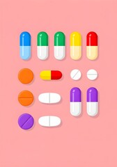 Several colorful pills and capsules arranged neatly on a solid pastel pink background