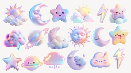 Fototapeta premium Whimsical 3D Pastel Iridescent Celestial and Weather Elements Collection on White