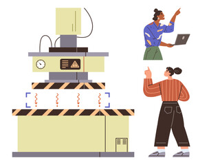 Industrial machine with warning signs and engineers discussing with tools. Ideal for innovation, robotics, manufacturing, teamwork, process analysis, safety, technology concepts. Simple flat metaphor