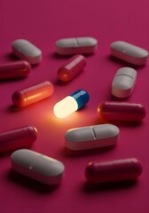 Glowing blue pill standing out among pink capsules on a pink background