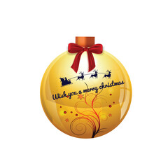 Christmas tree ball with ribbon bow. Symbol of Happy New Year, Xmas holiday celebration, winter. Flat design for card Vector illustration