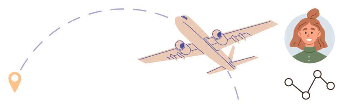 Fototapeta Airplane flying towards destination with dashed travel path, pin marker, graph, and woman portrait. Ideal for travel, aviation, tourism, logistics, globalization networking and user profiles
