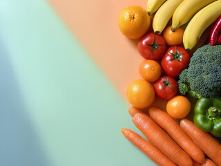 Vivid multicolor backdrop featuring a tidy border of bananas, oranges, tomatoes, carrots, peppers and broccoli.