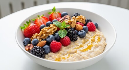 Healthy Oatmeal with Berries and Nuts Breakfast Bowl.