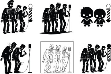 Barbershop quartet vector illustration, six unique artistic styles, cartoon, chibi, silhouette, dramatic, gritty, line art, vintage microphone, barber pole