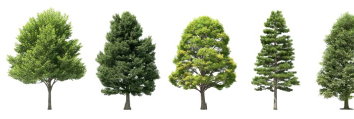 Five varied evergreen trees, each with a different shape and leaf texture against a black background