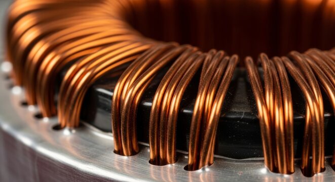 Detailed close up of a copper wire coil winding.