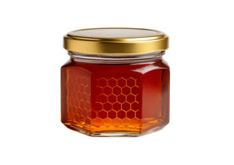 Honey Jar with Golden Lid and Hexagonal Pattern isolated on a transparent background