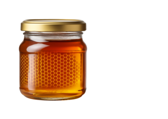 Glass jar filled with golden honey isolated on a transparent background
