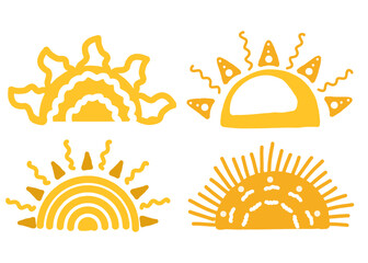 Decorative yellow sun vector set with hand-drawn boho style for summer illustration, kids artwork, and creative graphic design elements.