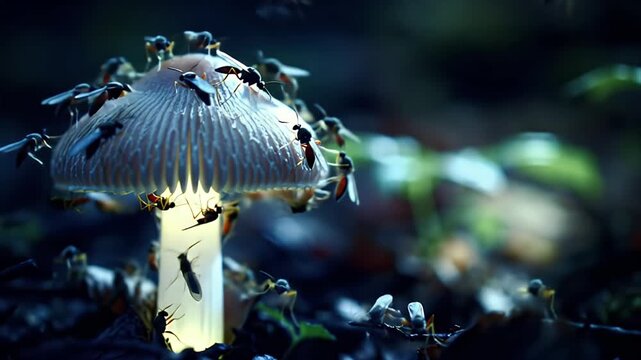 Bioluminescent Mushroom Glows in Dark Forest Attracting Swarm of Insects at Night Ethereal Macro Shot of Glowing Fungi and Flying Bugs in Enchanting Natural 