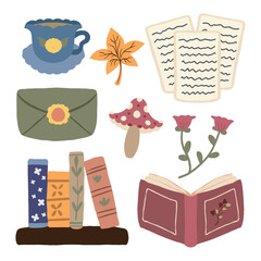 Cozy reading and tea illustration in flat style for stationery design and digital decoration.