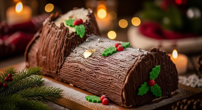 Festive Chocolate Yule Log Cake on Wooden Board with Holly Decor and Candlelit Background