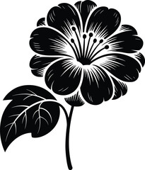 Black and white flower silhouette, single stem with leaf, decorative bloom, vector illustration, botanical art, nature design, elegant floral graphic