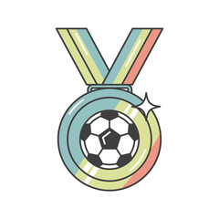 Obraz premium Illustrated medal with a soccer ball in the center and a striped ribbon, symbolizing a sports achievement.