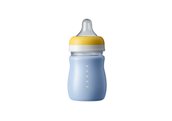 Blue baby bottle with yellow cap isolated on a transparent background 1
