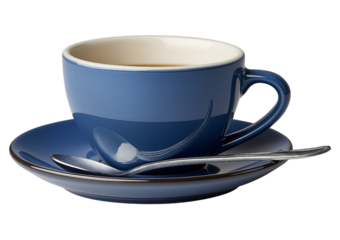 Blue coffee cup and saucer with spoon isolated on a transparent background