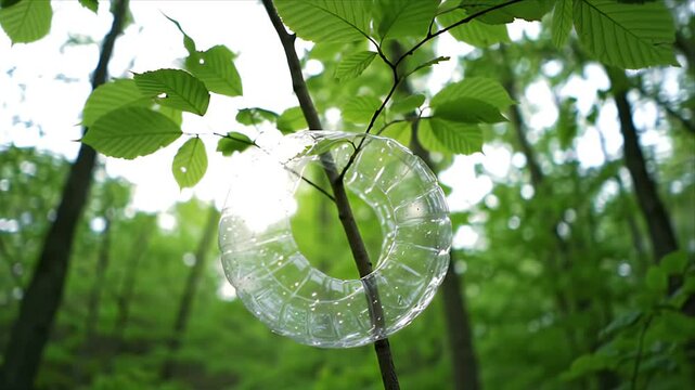 Clear plastic bottle ring discarded and hanging on a lush green tree branch in a sunlit forest symbolizing environmental pollution and the urgent need for recycling