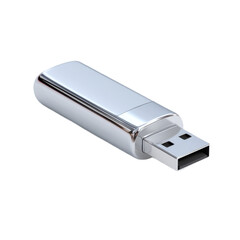 A silver USB flash drive sits on a white background