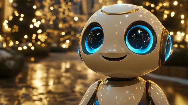 A robot with blue eyes and a smile is standing in front of a Christmas tree. The robot is smiling and he is happy