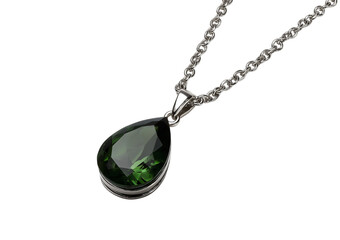 Dark green teardrop crystal pendant necklace isolated on a transparent background
