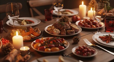 Naklejka premium Festive Dinner Table Setting with Candles and Roasted Vegetables in Warm Lighting