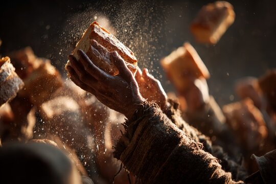 Hands, dressed in humble clothes, sharing pieces of bread, evoking faith and community