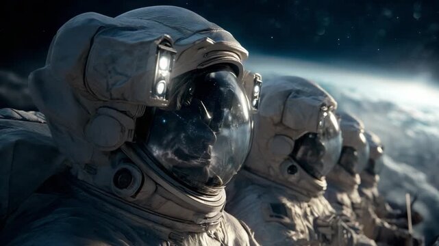 Celestial Explorers: A trio of astronauts stands poised, gazing out at the vast cosmos. Their visors reflect the awe-inspiring dance of the stars and the majestic curve of planet earth.