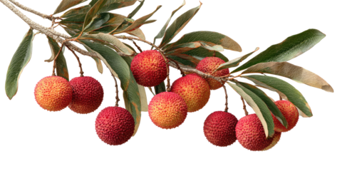 Close-up of branch featuring ripe, textured, reddish-orange fruit. Green and grey leaves adorn the stem