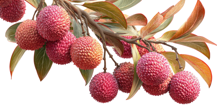 Close-up of a fruit-laden branch with textured, pink-red orbs and colorful foliage