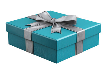 Turquoise Gift Box with Silver Ribbon isolated on a transparent background